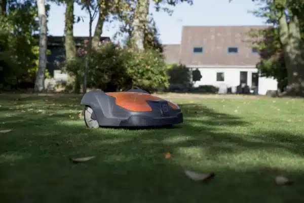 HUSQVARNA AUTOMOWER 550m mowing on a lawn with leafs
