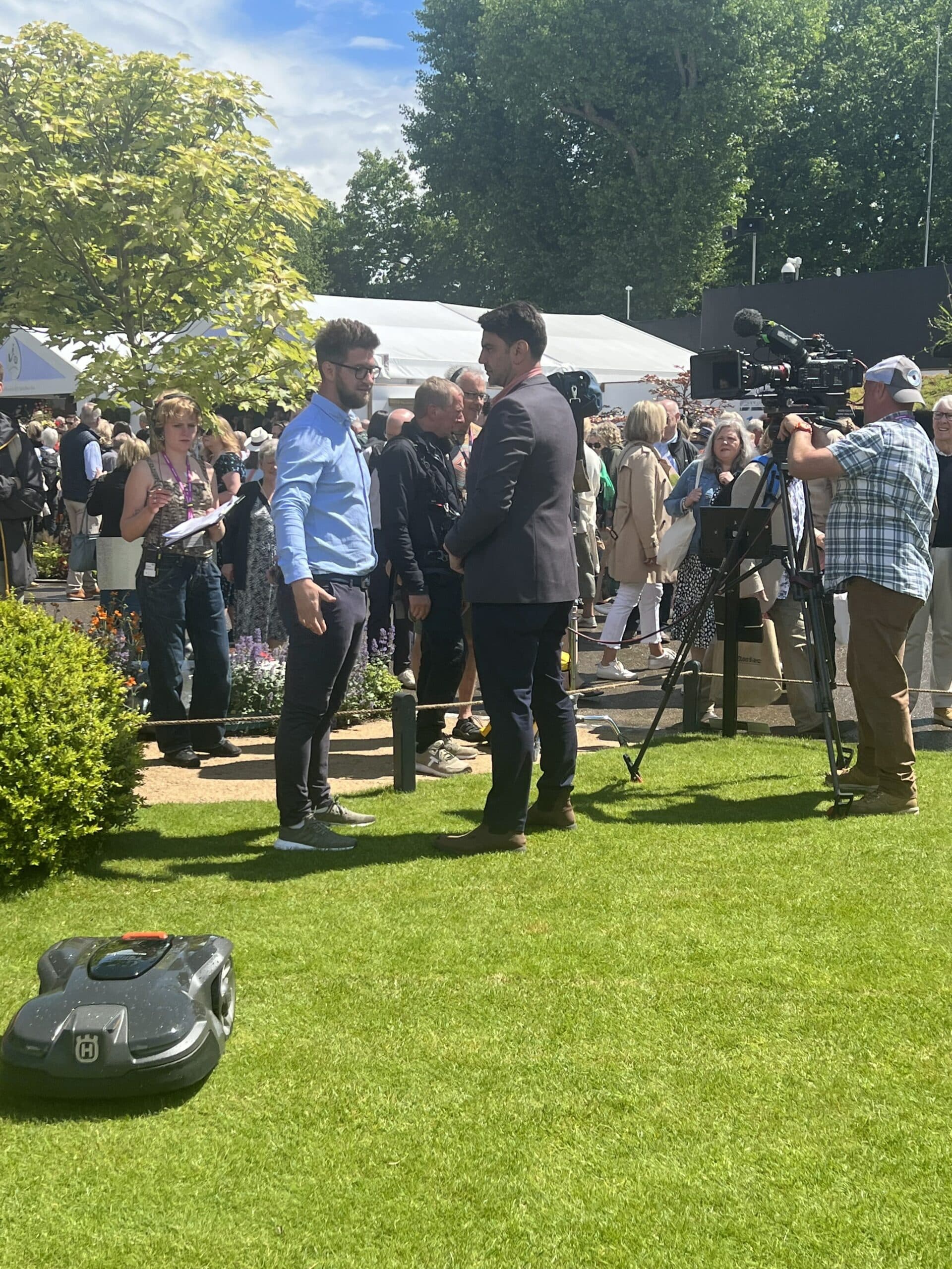 Tom Platts Talks Robot Lawn Mowers with BBC Presenter Chris Bavin