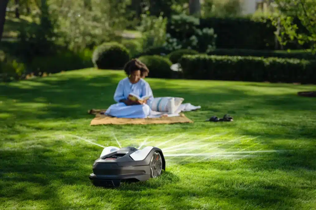Smart robotic mower with AI vision operating safely in UK garden